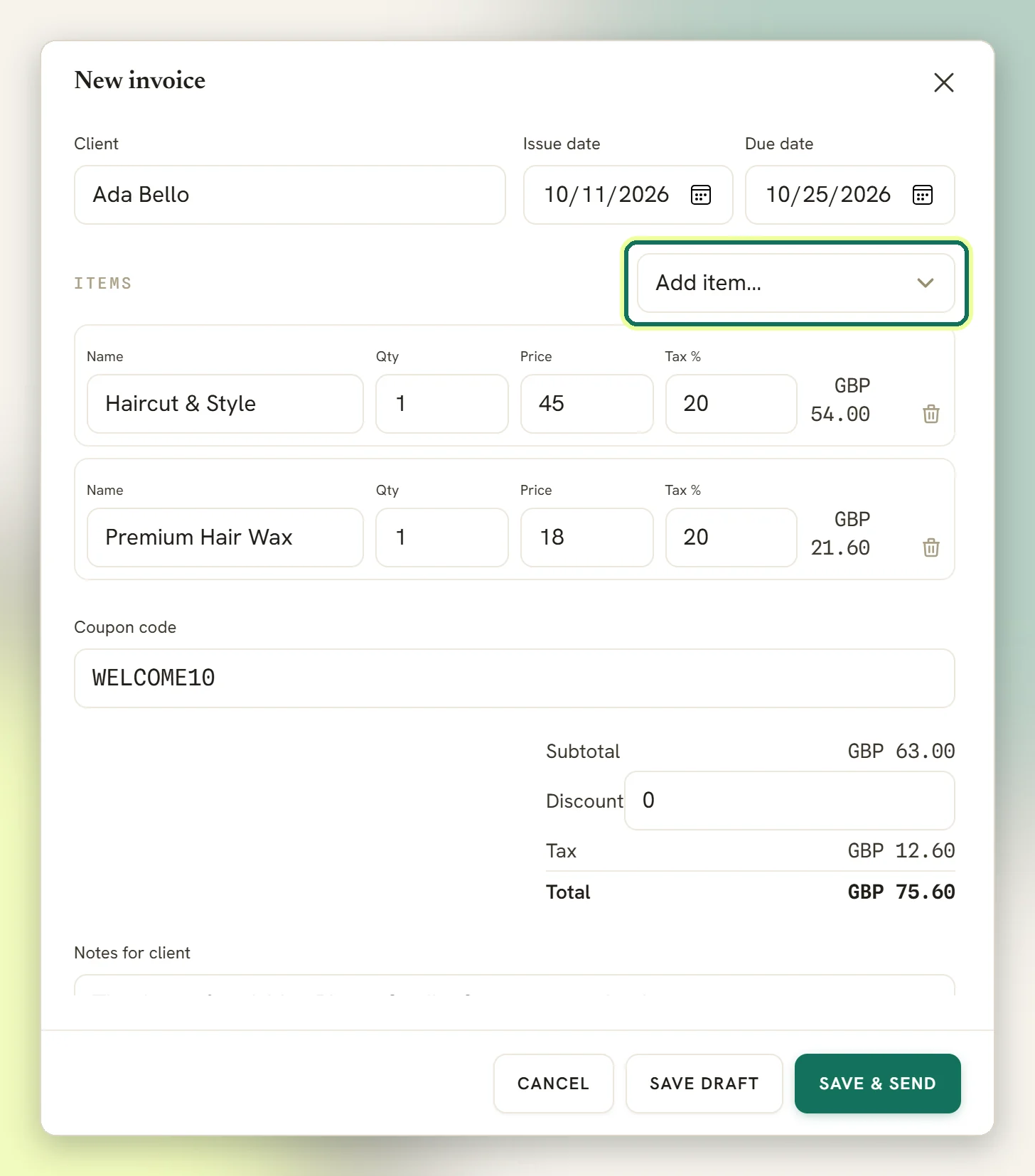 The New invoice window with a client, issue and due dates and two line items, with the Add item dropdown highlighted