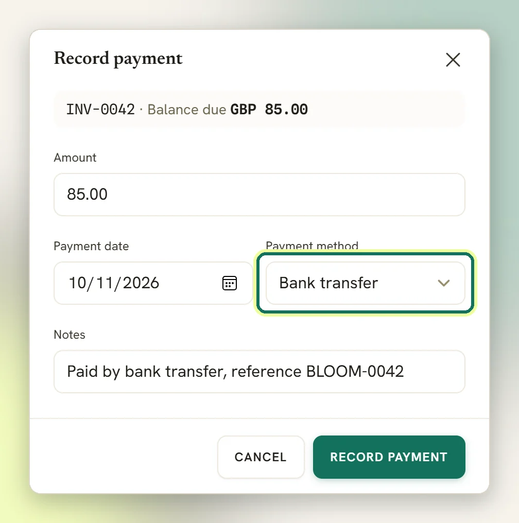 The Record payment window for an invoice showing the balance due, the amount, the date and the Payment method dropdown highlighted