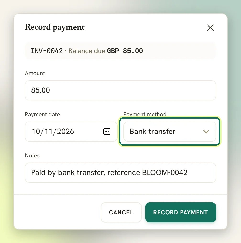 The Record payment window for an invoice showing the balance due, the amount, the date and the Payment method dropdown highlighted