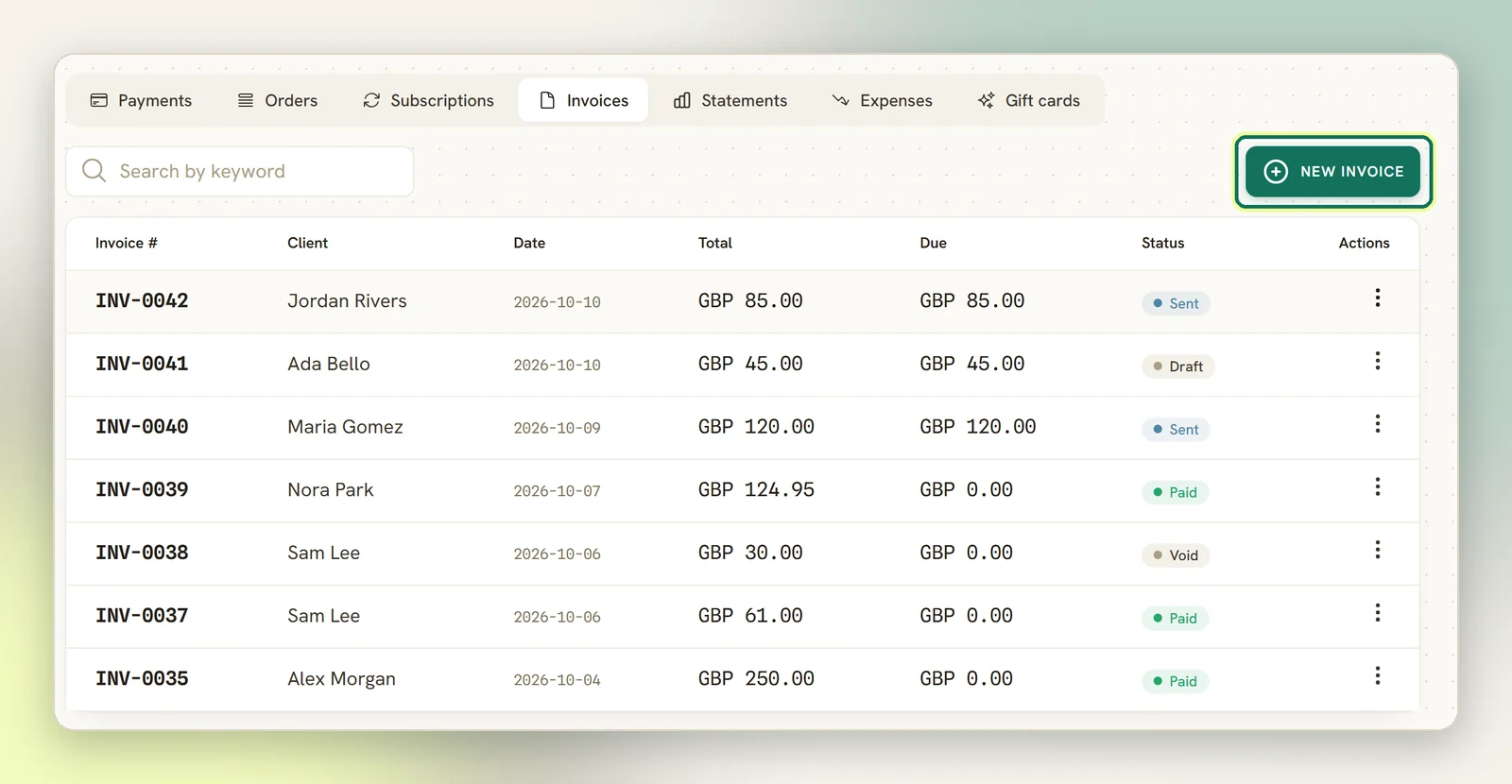 The Invoices tab listing invoices with their client, total, amount due and status, with the New invoice button highlighted