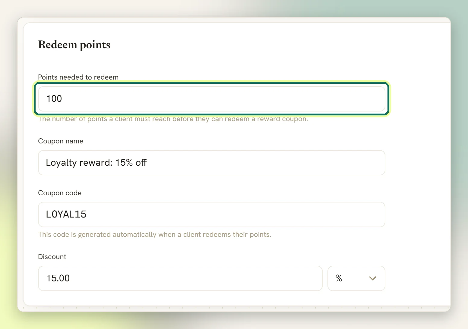 The Redeem points card in Finance settings with Points needed to redeem highlighted, above the coupon name, coupon code and discount