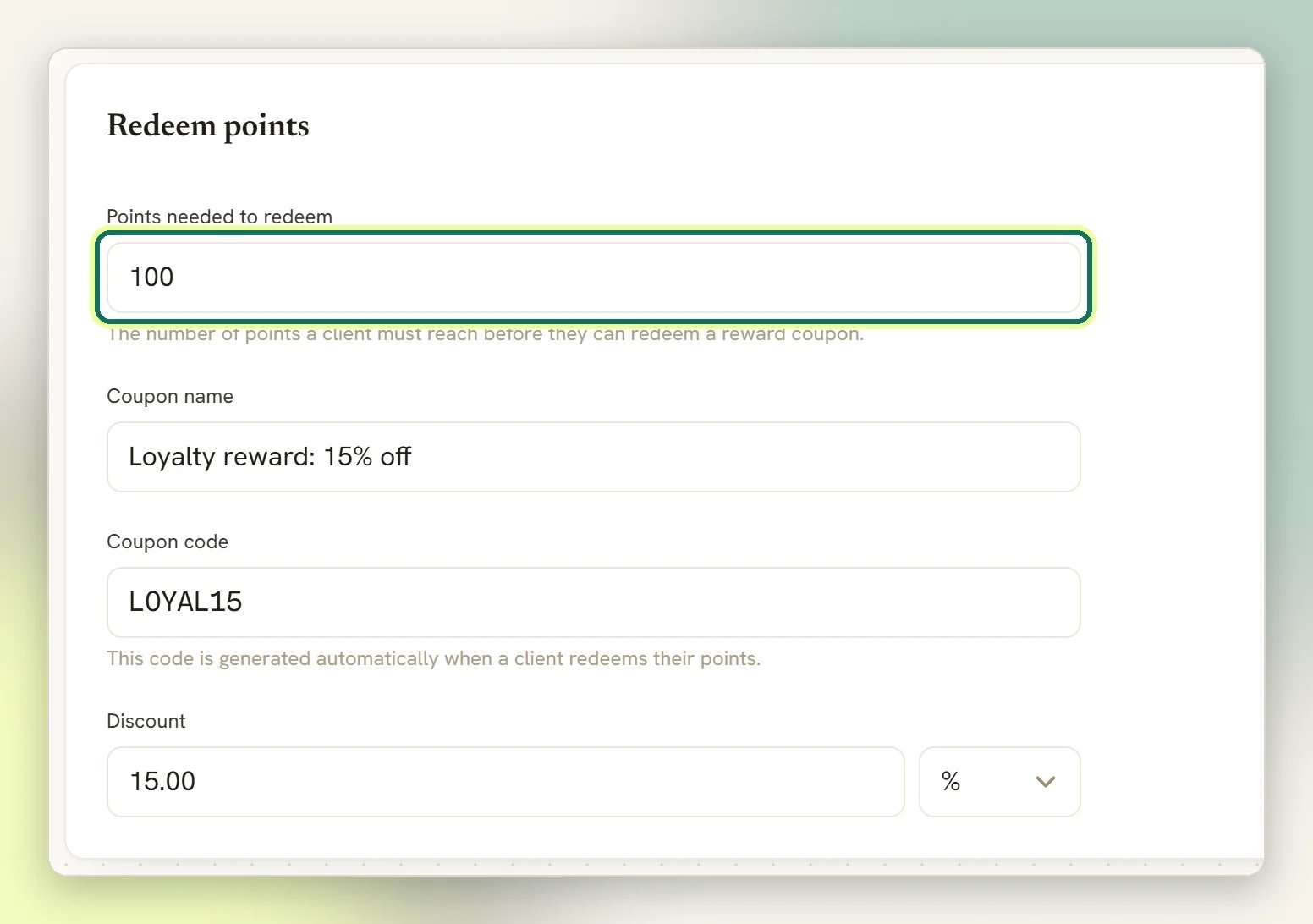 The Redeem points card in Finance settings with Points needed to redeem highlighted, above the coupon name, coupon code and discount