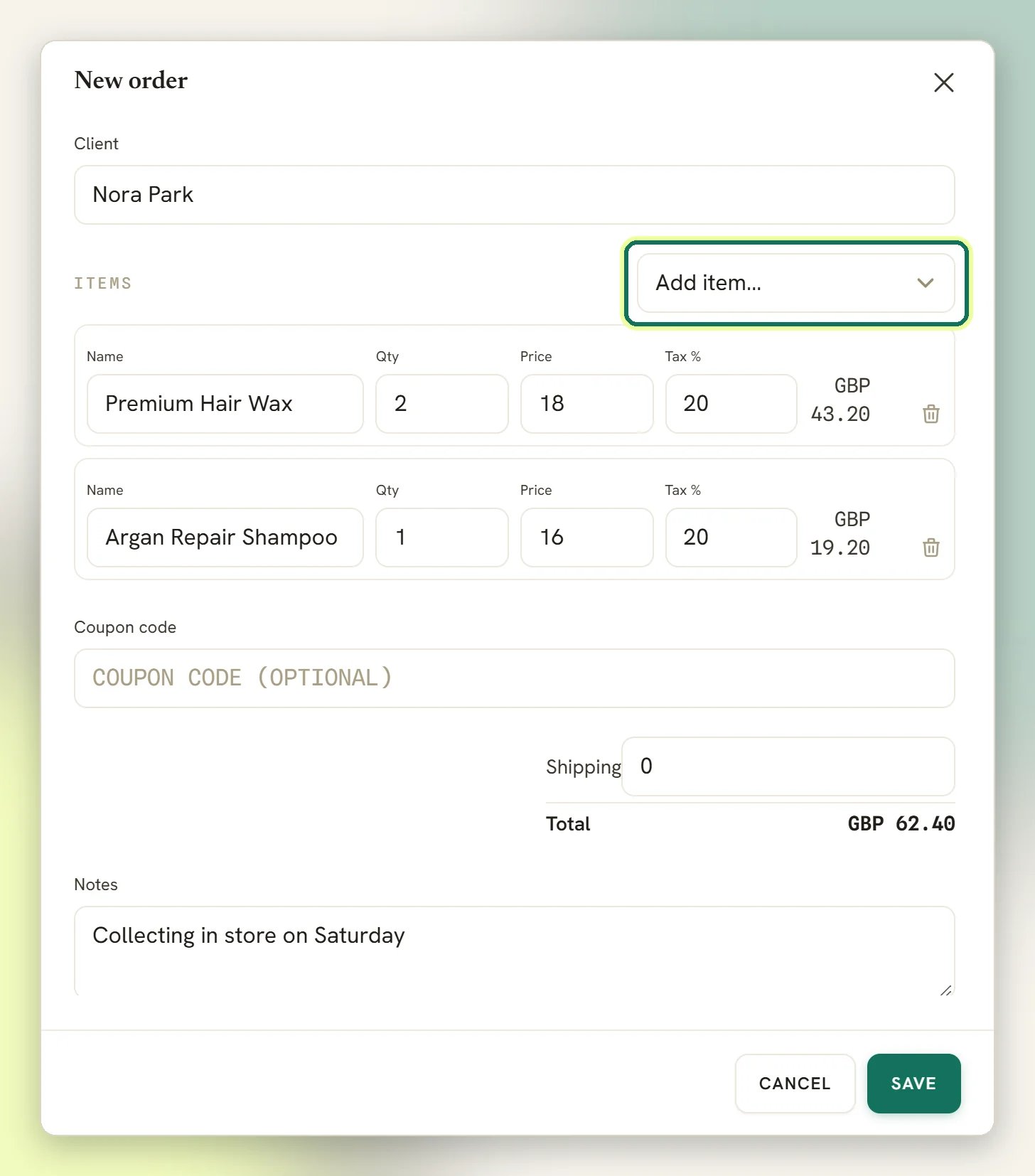 The New order window with a client and two product lines, the Add item dropdown highlighted, and the shipping and total below