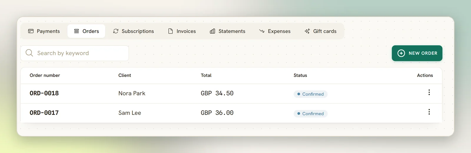 The Orders tab listing two confirmed orders with their order number, client and total