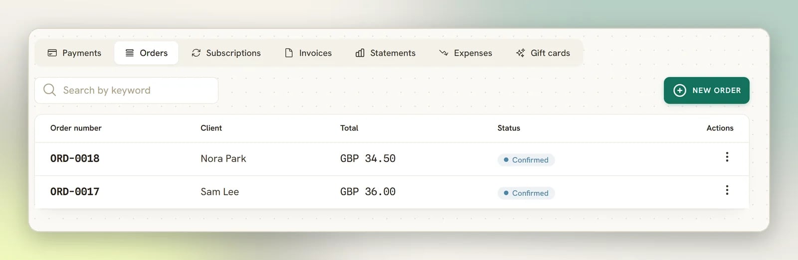 The Orders tab listing two confirmed orders with their order number, client and total