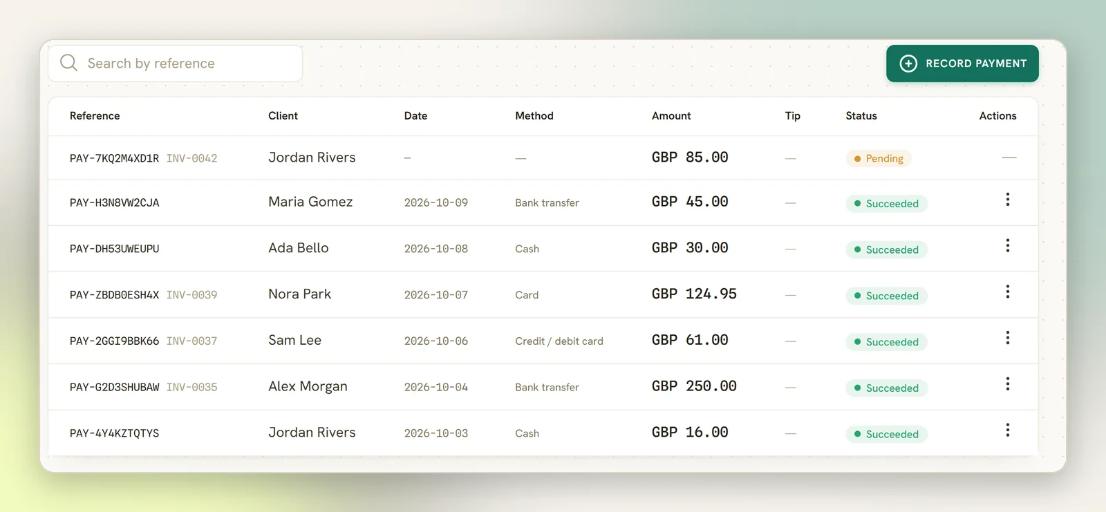 The Payments tab listing payments with their reference, client, date, method, amount and status