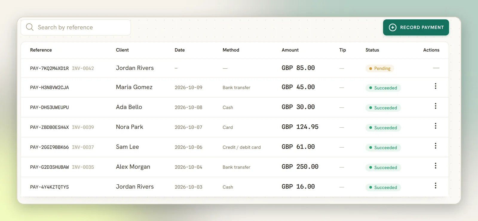 The Payments tab listing payments with their reference, client, date, method, amount and status