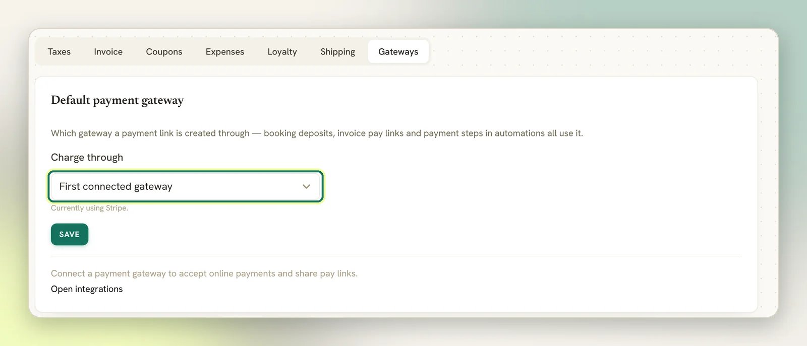 The Gateways tab of Finance settings with the Default payment gateway card and the Charge through dropdown highlighted