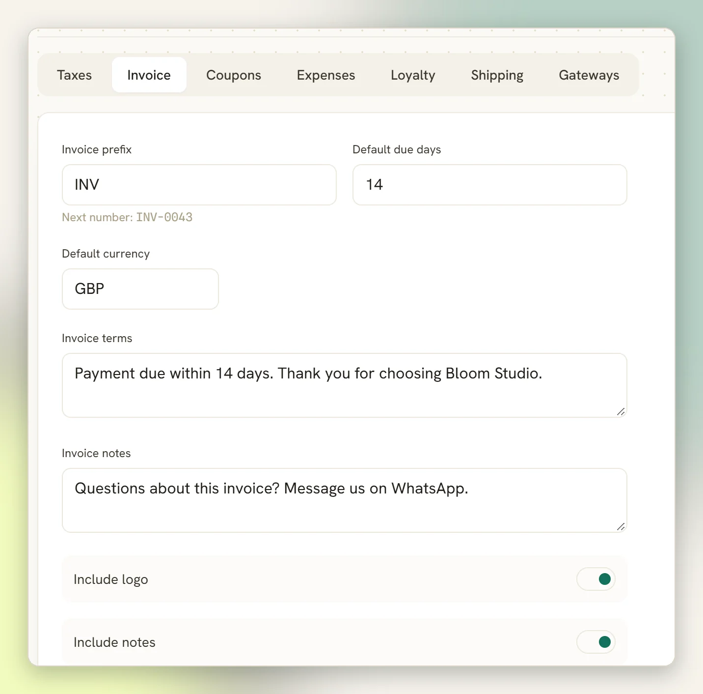 The Invoice tab of Finance settings with the invoice prefix, default due days, default currency, invoice terms and invoice notes filled in