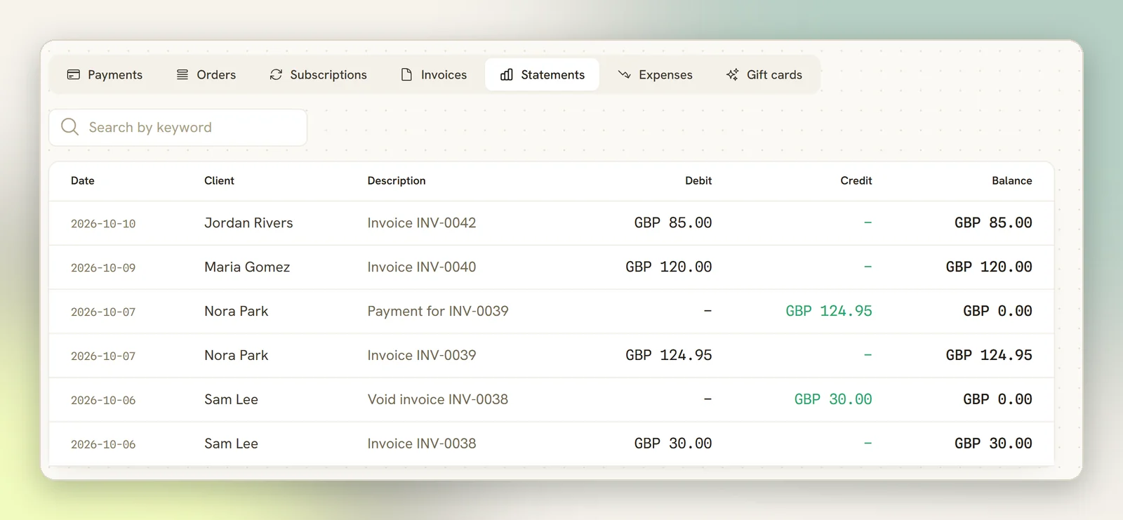 The Statements tab listing invoice, payment and void entries with Date, Client, Description, Debit, Credit and Balance columns