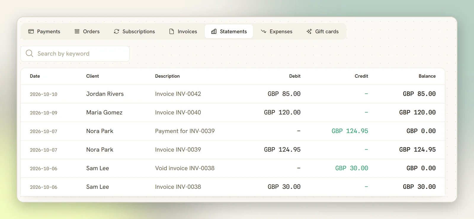 The Statements tab listing invoice, payment and void entries with Date, Client, Description, Debit, Credit and Balance columns