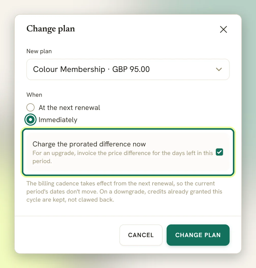 The Change plan window with a new plan chosen, Immediately selected and the Charge the prorated difference now option highlighted