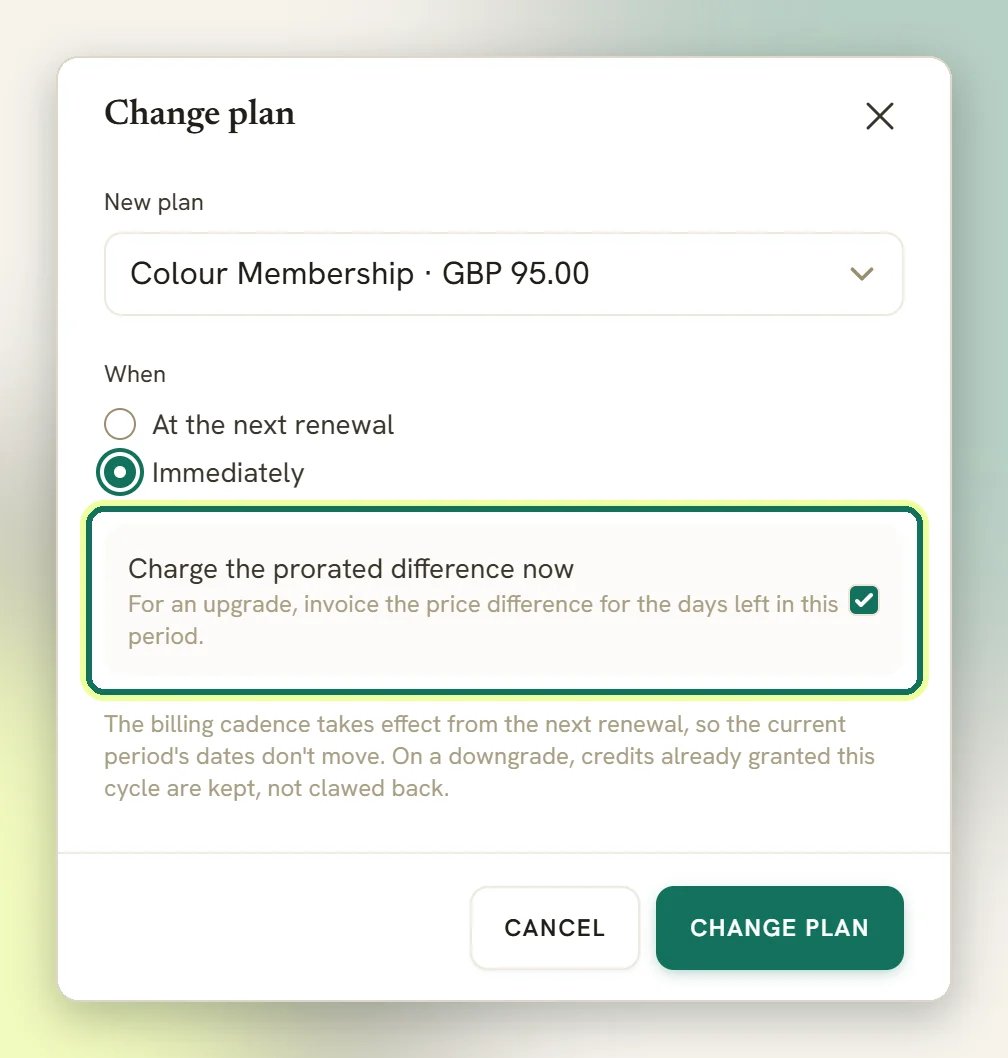 The Change plan window with a new plan chosen, Immediately selected and the Charge the prorated difference now option highlighted