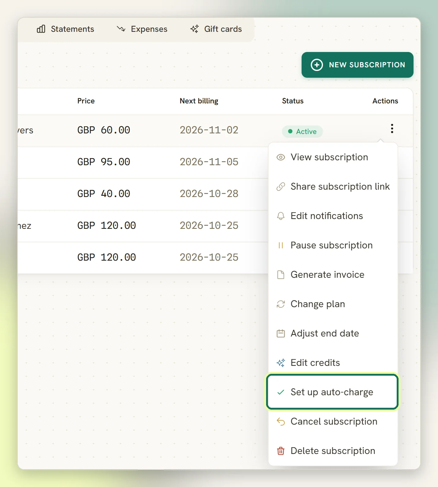 A subscription's menu opened from the Subscriptions tab, with Set up auto-charge highlighted