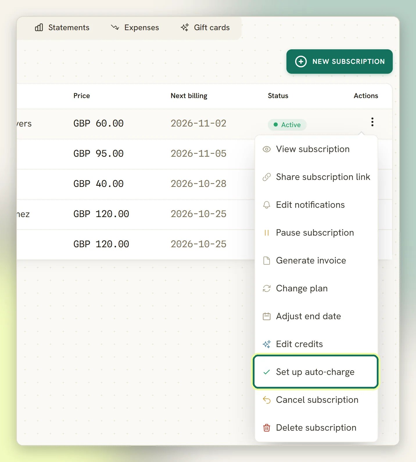 A subscription's menu opened from the Subscriptions tab, with Set up auto-charge highlighted