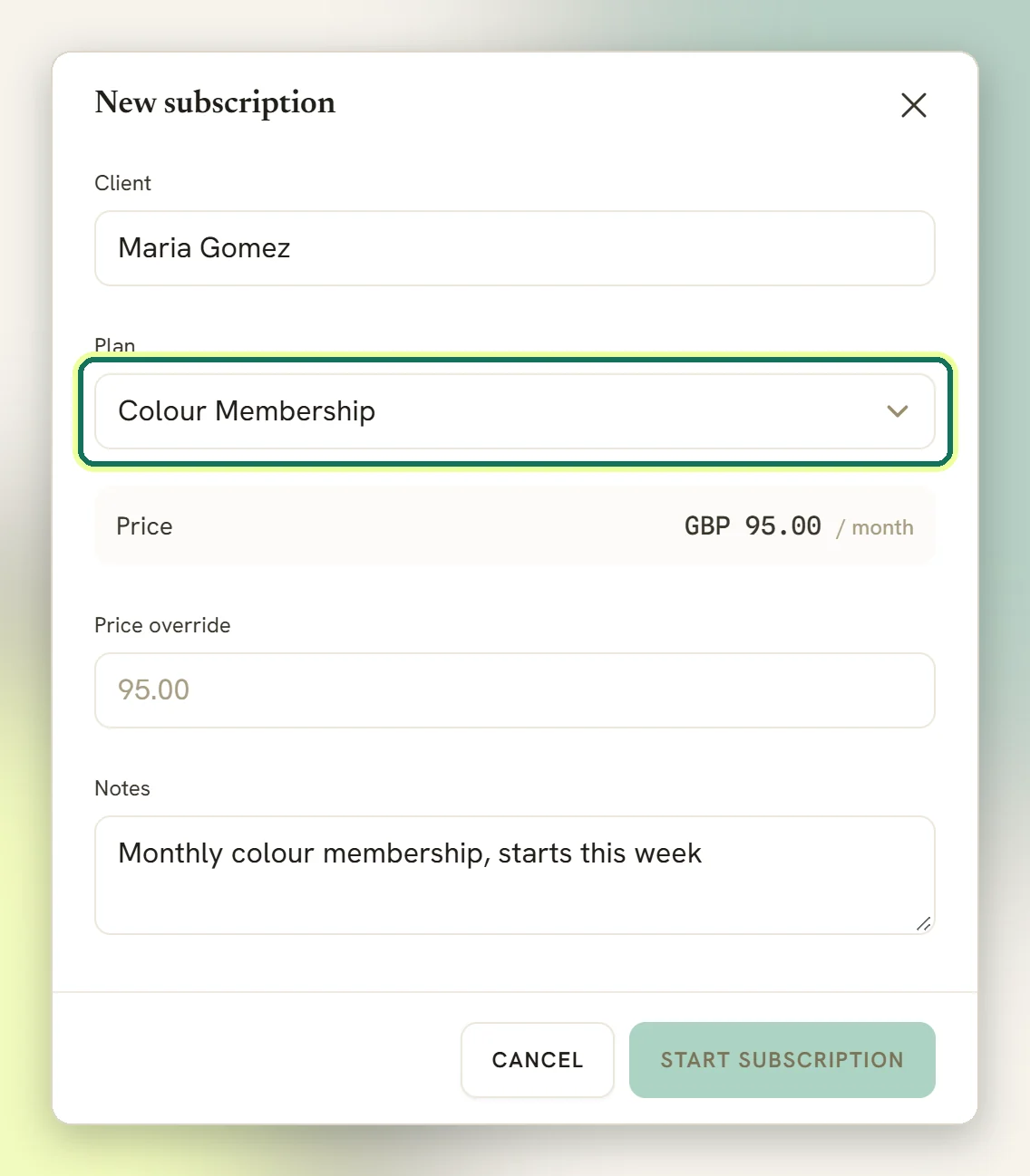 The New subscription window with a client chosen and the Plan dropdown highlighted, showing the plan price per month, Price override and Notes