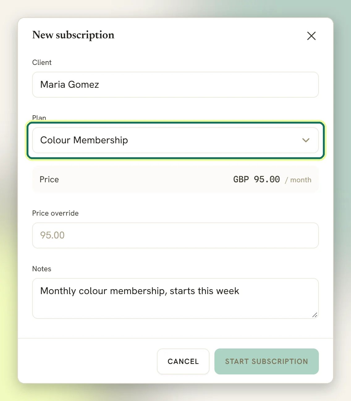 The New subscription window with a client chosen and the Plan dropdown highlighted, showing the plan price per month, Price override and Notes