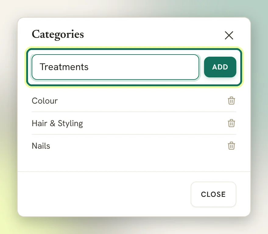 The Categories window opened from Manage categories, with a new category name typed next to the Add button, highlighted, above the existing categories