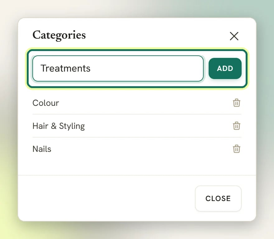 The Categories window opened from Manage categories, with a new category name typed next to the Add button, highlighted, above the existing categories