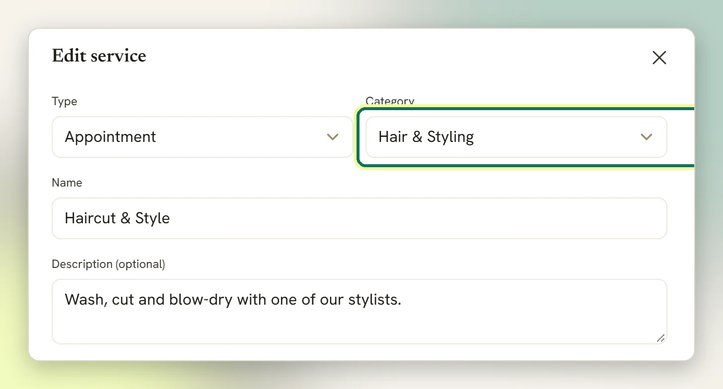The Edit service form with the Category dropdown set to Hair and Styling and highlighted