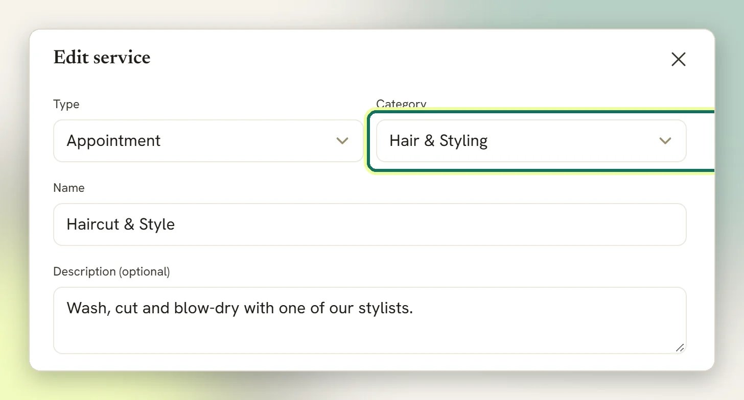 The Edit service form with the Category dropdown set to Hair and Styling and highlighted