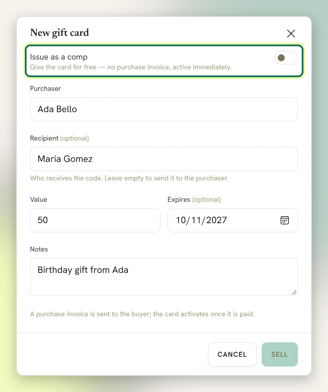 The New gift card window with the Issue as a comp switch highlighted at the top