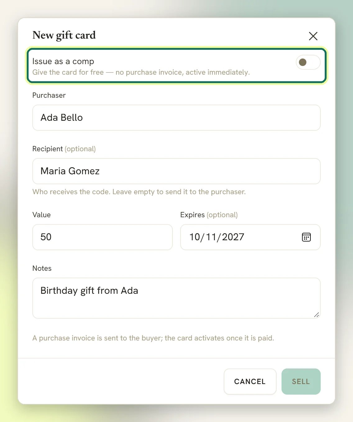 The New gift card window with the Issue as a comp switch highlighted at the top