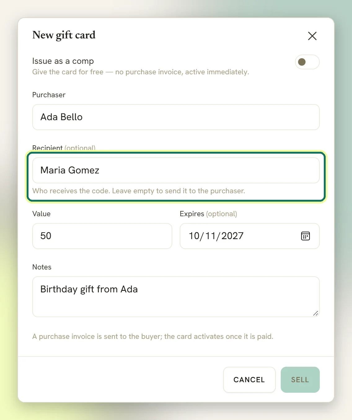 The New gift card window with a purchaser, a value of 50 and an expiry date filled in, and the Recipient field highlighted