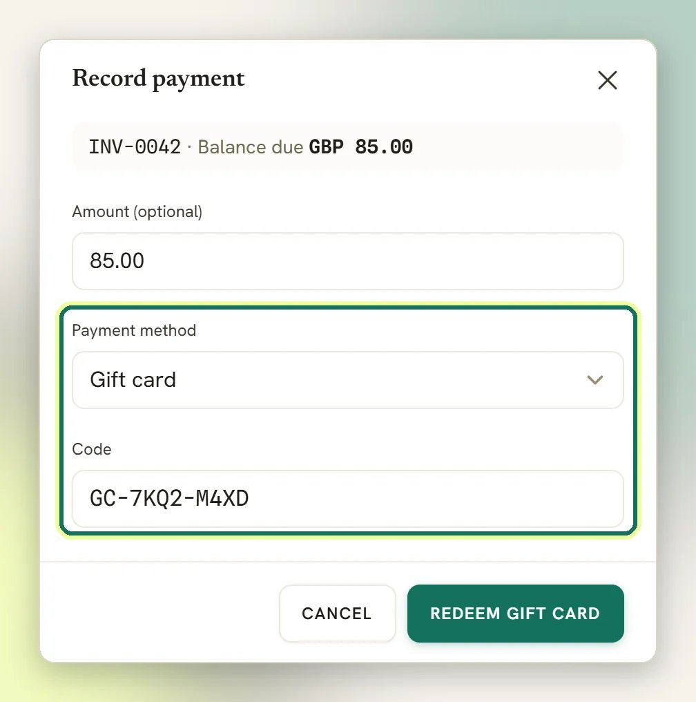 The Record payment window on an invoice with Payment method set to Gift card and a GC code entered, both highlighted, and the Redeem gift card button