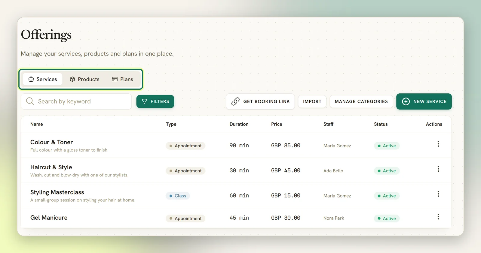 The Offerings page with the Services, Products and Plans tabs highlighted above a list of services