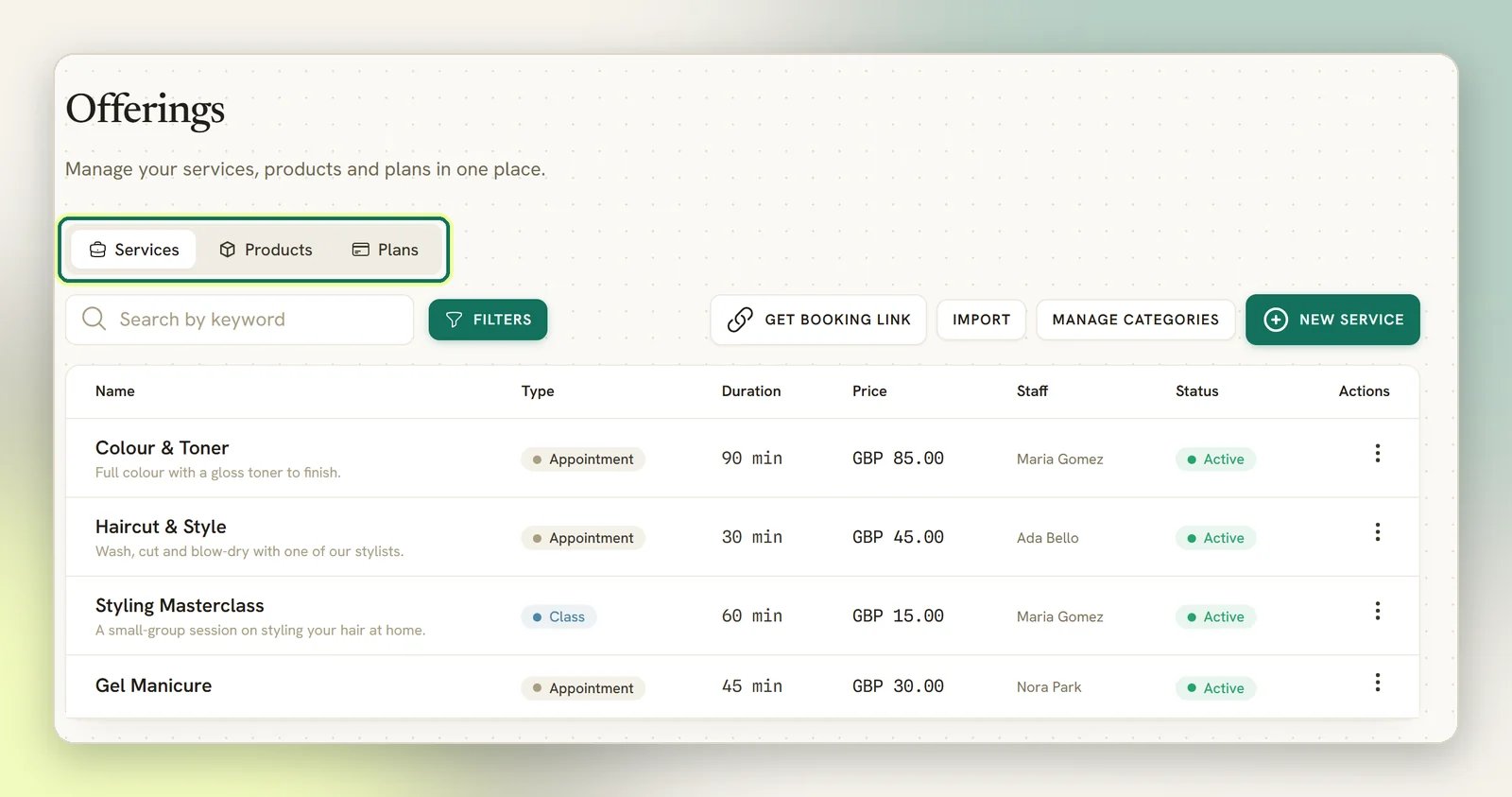 The Offerings page with the Services, Products and Plans tabs highlighted above a list of services