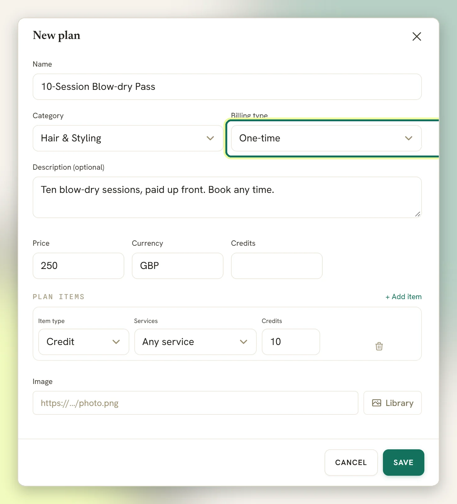 The New plan window for a 10-session pass priced at 250 GBP, with Billing type set to One-time and highlighted