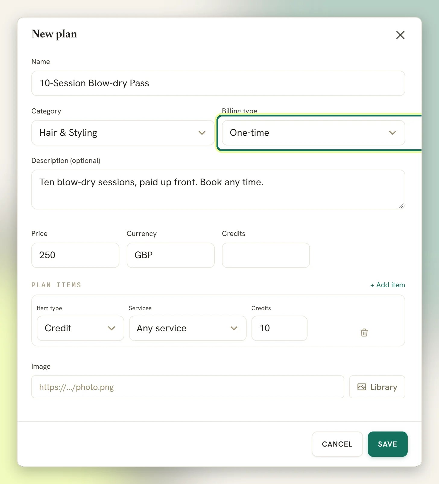 The New plan window for a 10-session pass priced at 250 GBP, with Billing type set to One-time and highlighted