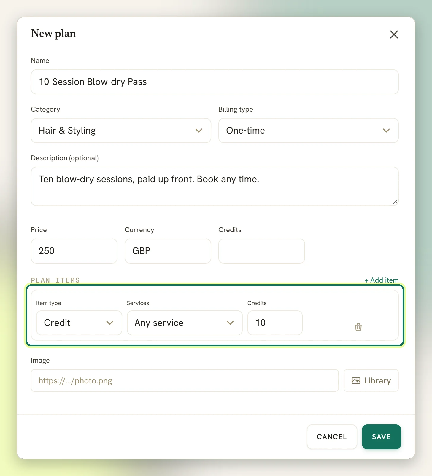 The New plan window with one plan item highlighted: Item type Credit, Any service, and 10 credits