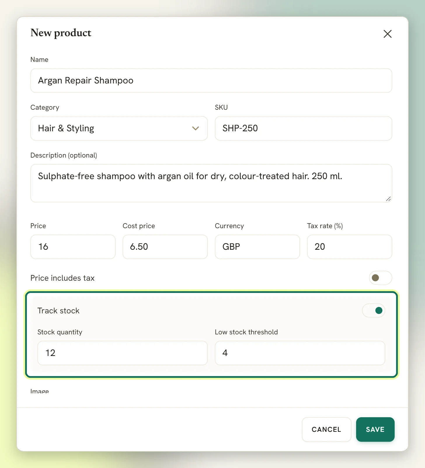 The New product window with a name, category, SKU, price and tax filled in, and the Track stock section highlighted showing Stock quantity and Low stock threshold