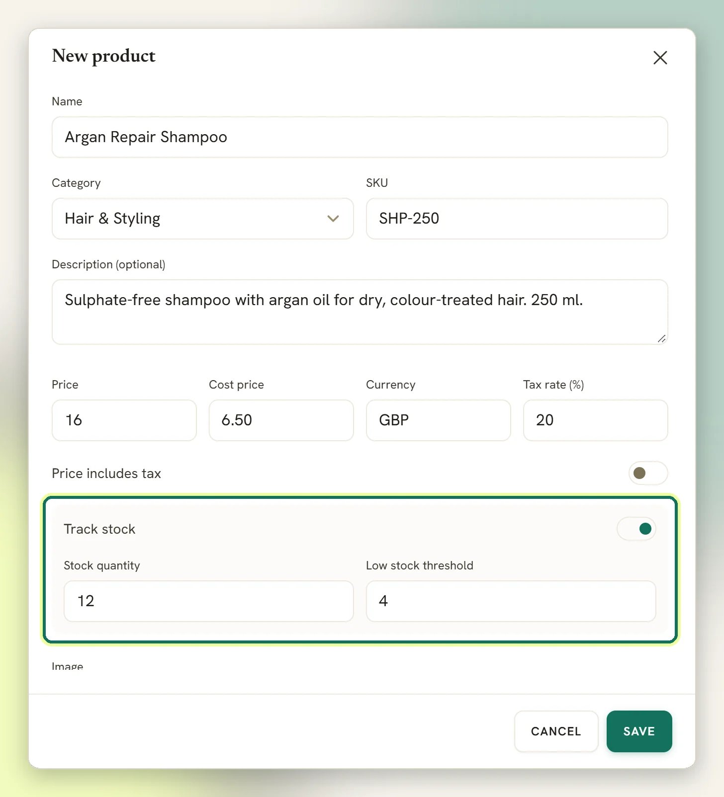 The New product window with a name, category, SKU, price and tax filled in, and the Track stock section highlighted showing Stock quantity and Low stock threshold