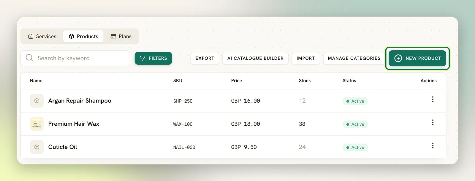 The Products tab listing three products with SKU, price and stock, with the New product button highlighted