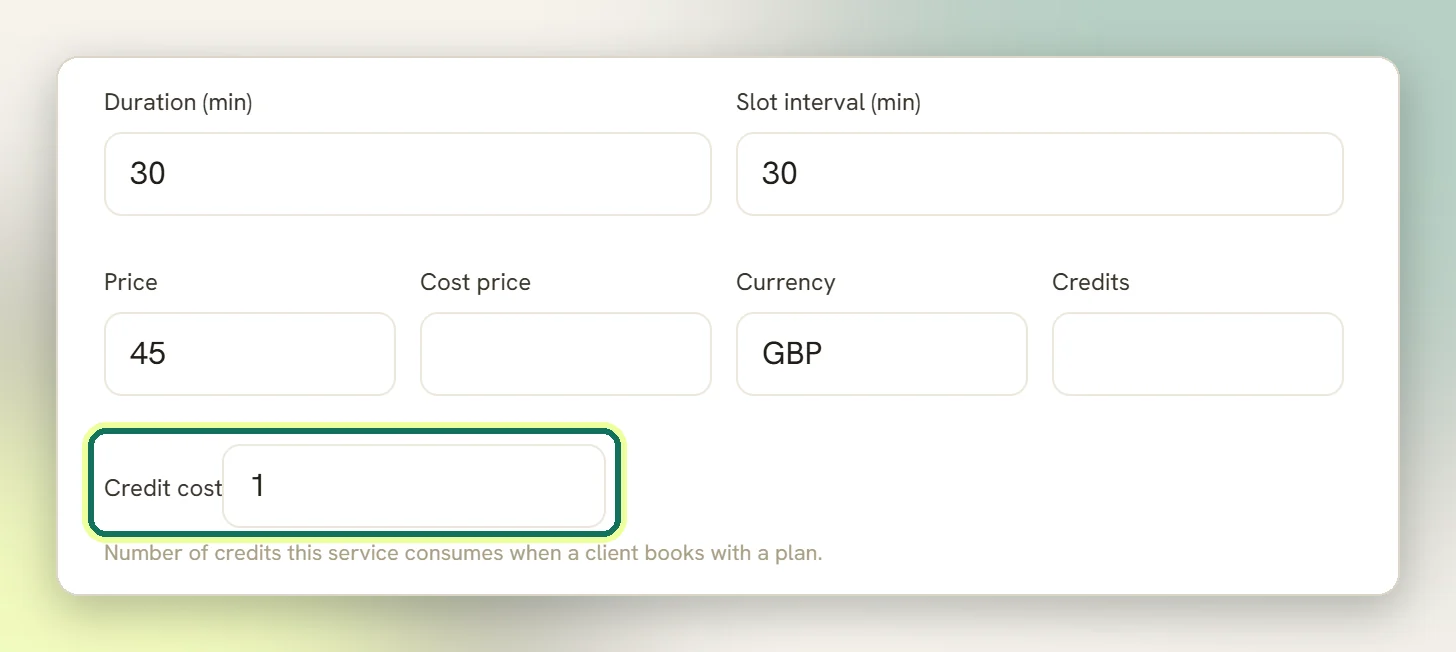The Edit service form with the Credit cost field set to 1 and highlighted, above its help text