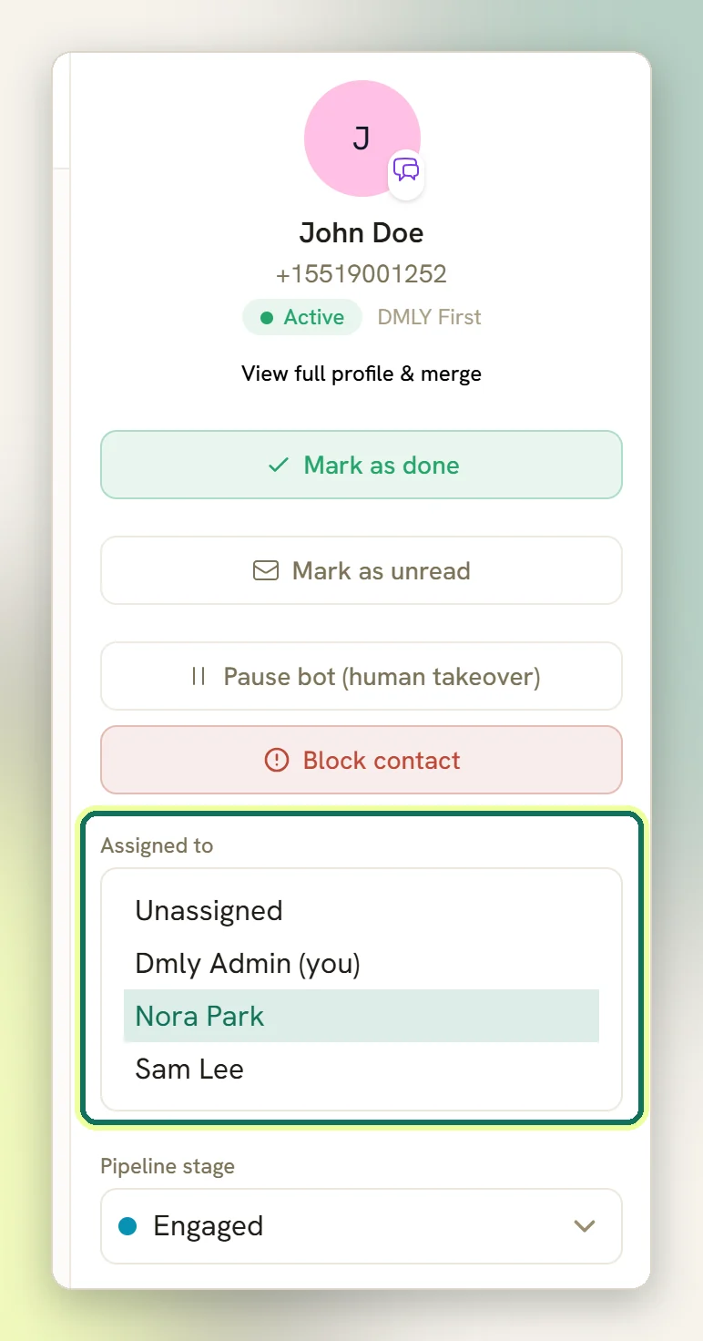 The details panel with the Assigned to list open and a teammate selected