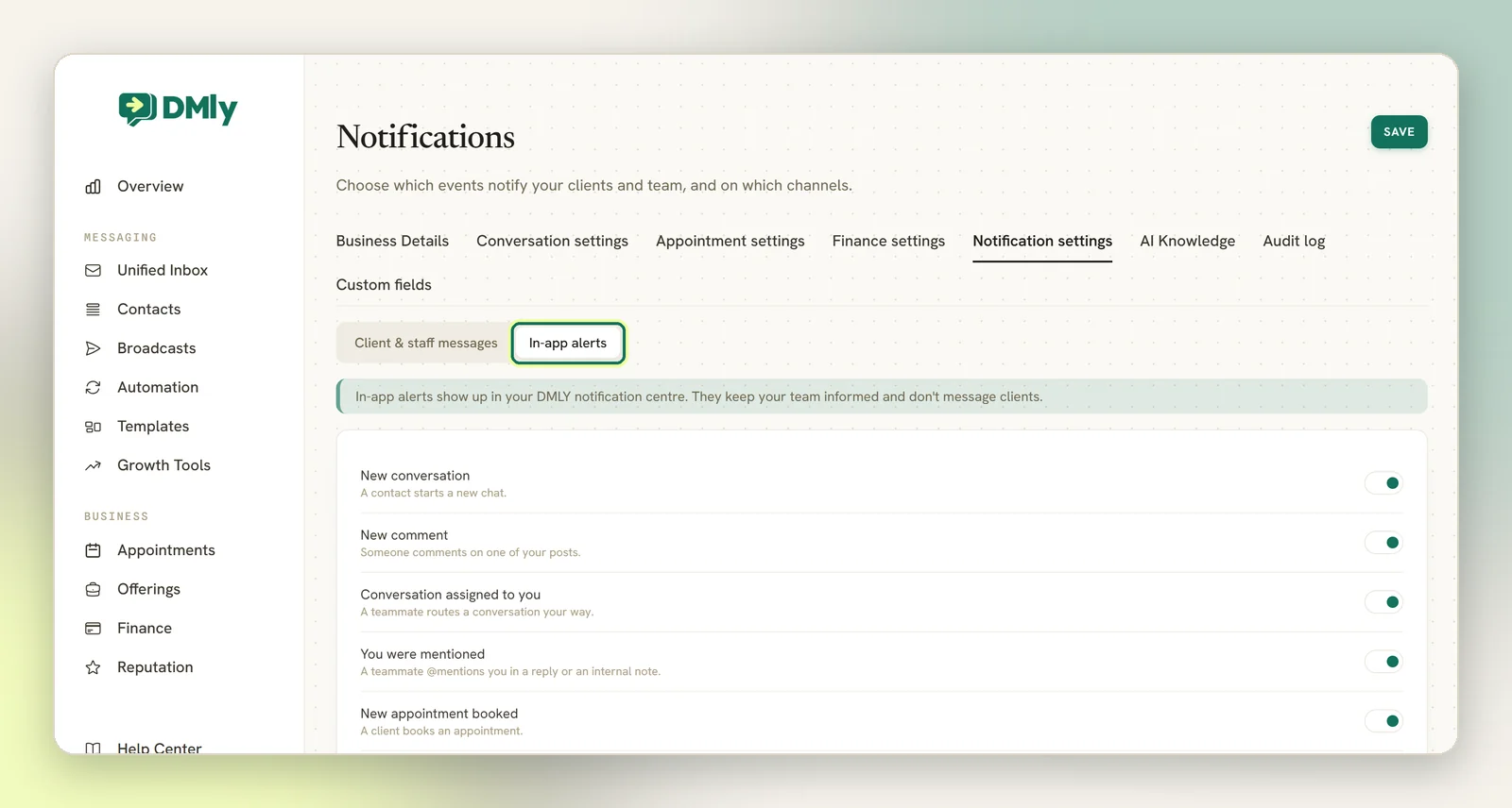 The Notifications settings page on the In-app alerts tab, with a switch for each alert