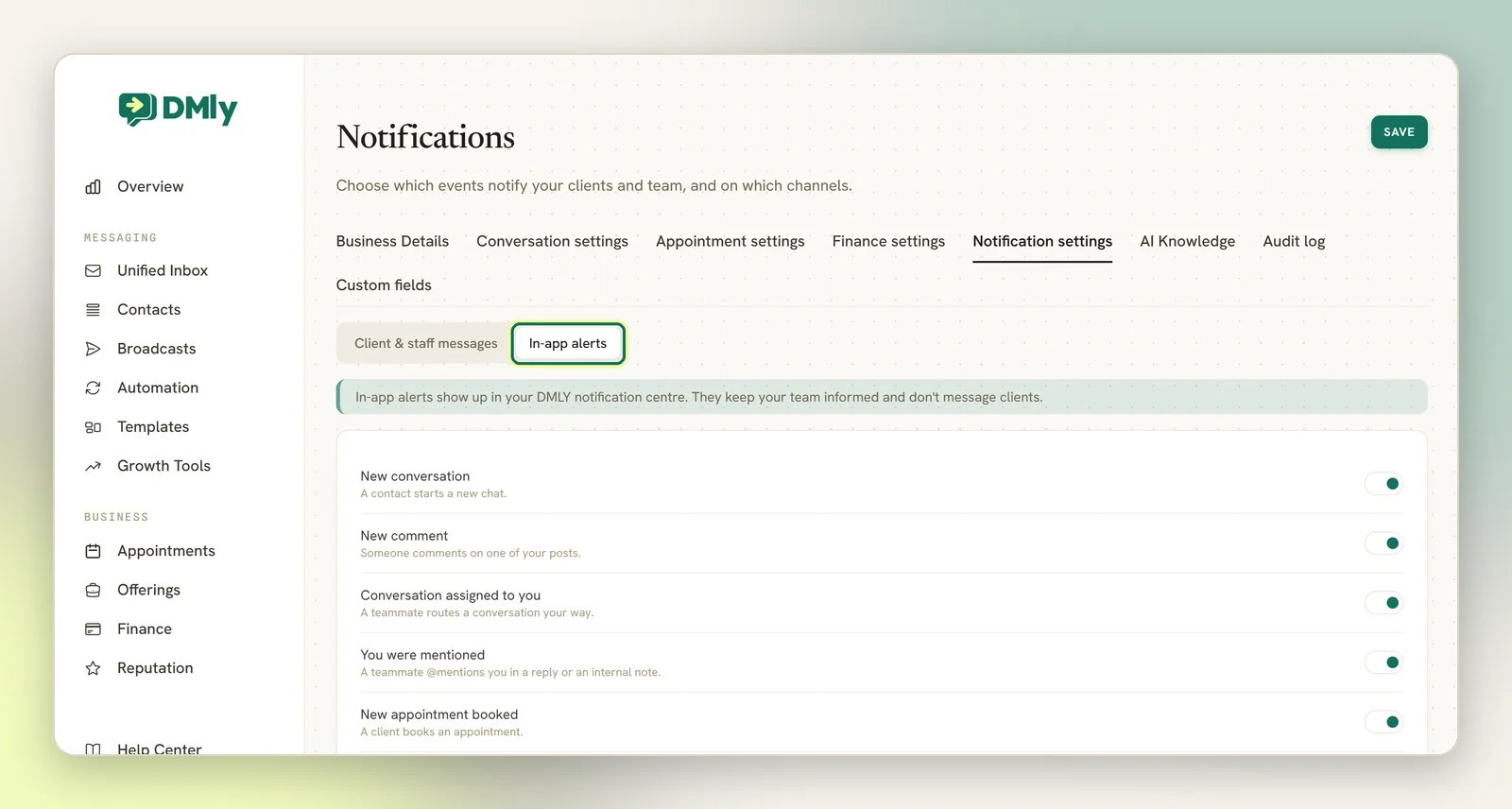 The Notifications settings page on the In-app alerts tab, with a switch for each alert