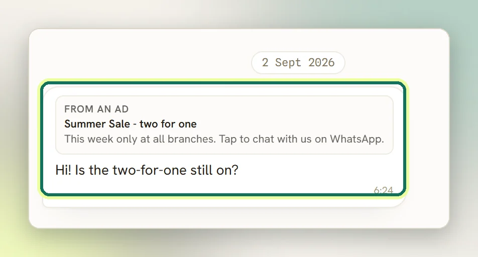 A customer message in the Inbox with a From an ad card above it, showing the ad's headline and text