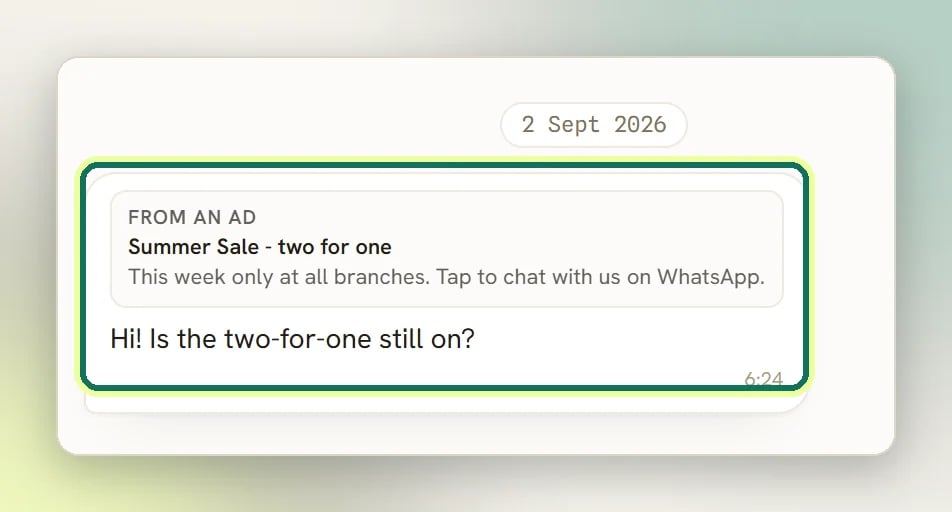 A customer message in the Inbox with a From an ad card above it, showing the ad's headline and text