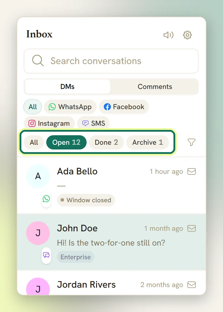 The top of the conversation list, with the All, Open, Done and Archive folders highlighted