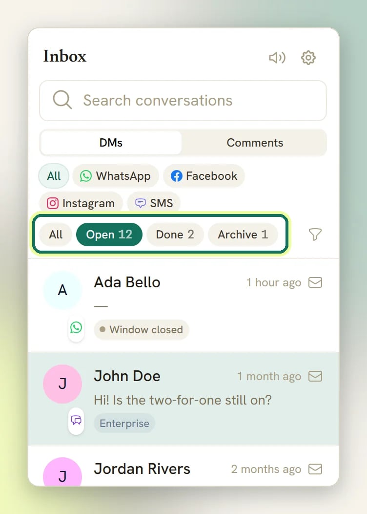 The top of the conversation list, with the All, Open, Done and Archive folders highlighted