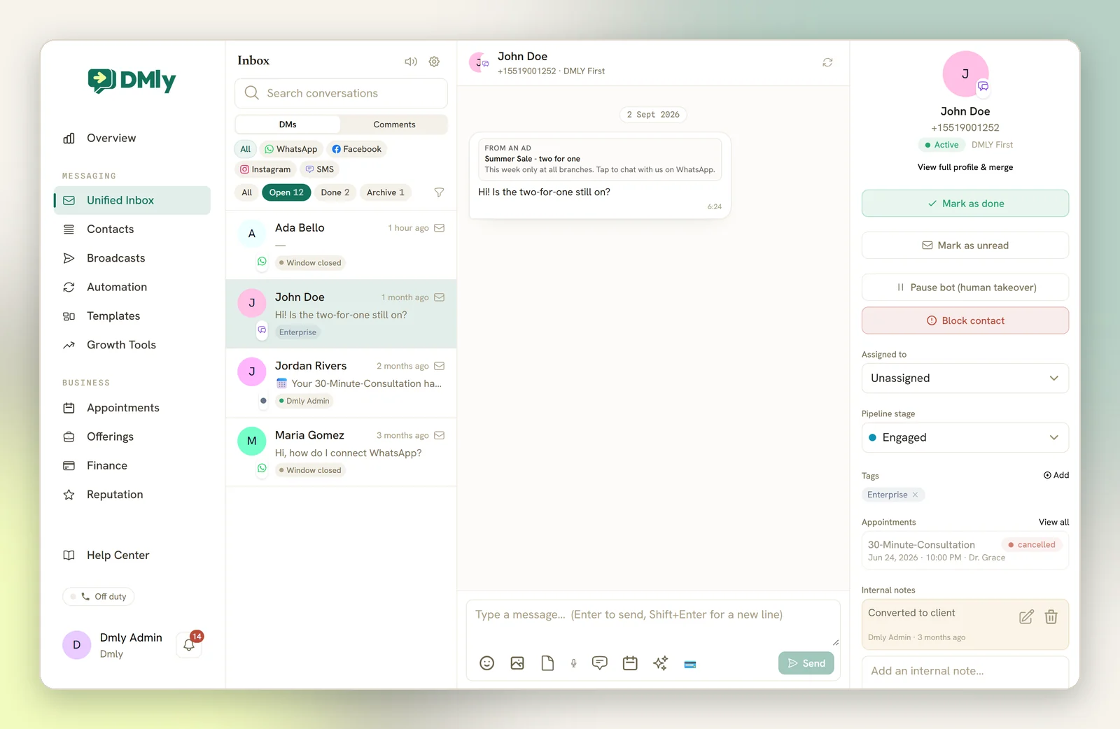 The Unified Inbox: the conversation list on the left, the open thread in the middle and the details panel on the right