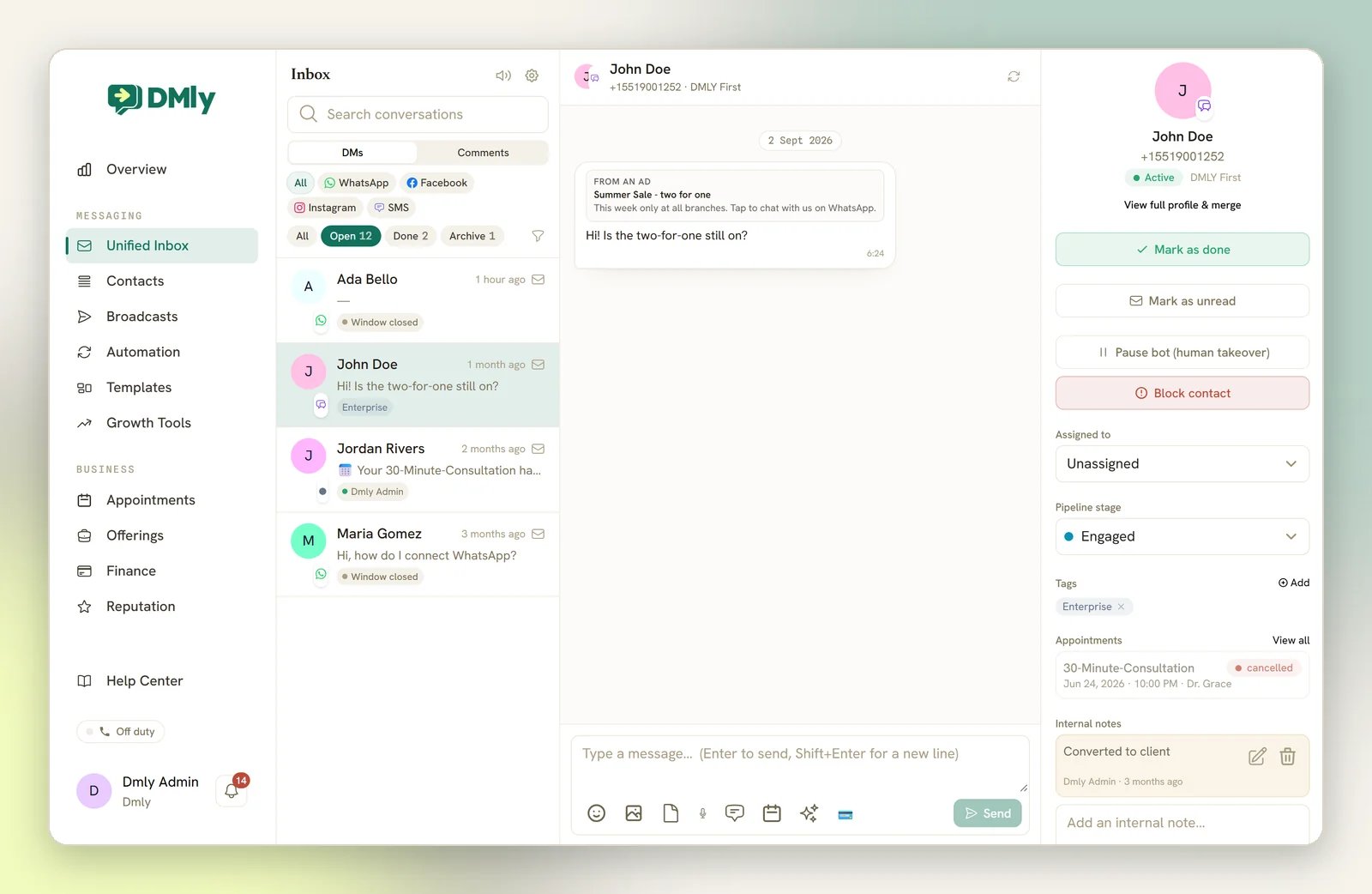 The Unified Inbox: the conversation list on the left, the open thread in the middle and the details panel on the right