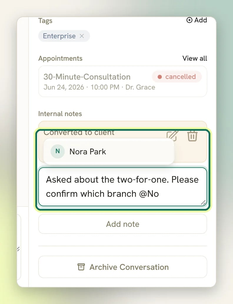 An internal note being written in the details panel, with a teammate suggested after typing @