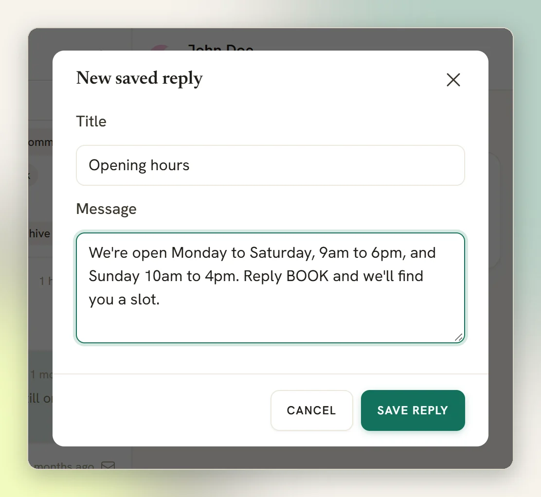 The New saved reply window with a Title and Message filled in and the Save reply button