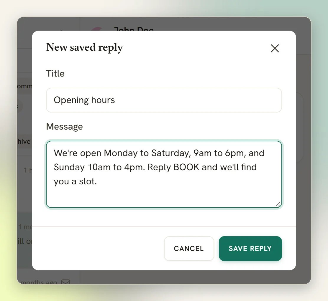 The New saved reply window with a Title and Message filled in and the Save reply button